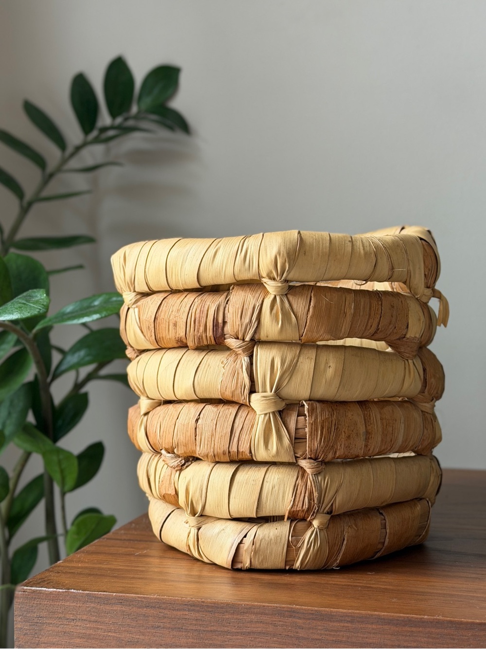 Vintage Raffia Wrapped Basket in Tan and Light Brown Plants Planter Pot Decor